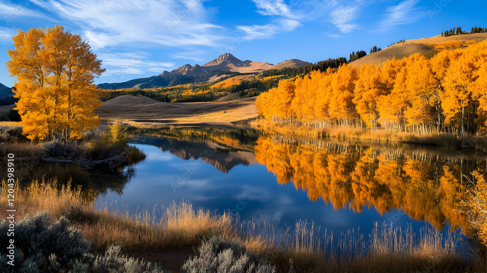 Reflective lake framed by golden autumn trees in a serene setting Reflective lake framed by golden autumn trees in a serene setting