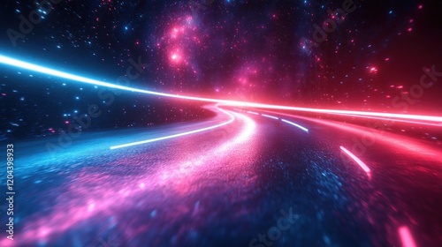 Futuristic neon-lit road winding through a cosmic landscape with vibrant colors and starry background