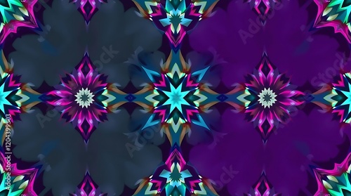 An abstract illustration wallpaper design featuring a kaleidoscope pattern with repetitive shapes and symmetrical design elements, rendered in a photorealistic style, us. photo