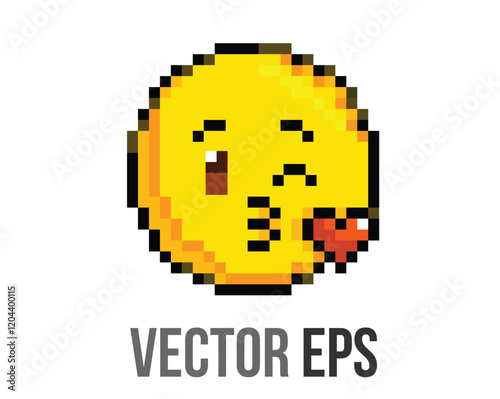 8 bits pixel art yellow winking face icon with puckered lips blowing kiss heart