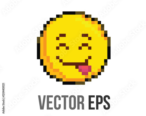 8 bits pixel art yellow smiling eyes, happy face icon with tongue sticking out