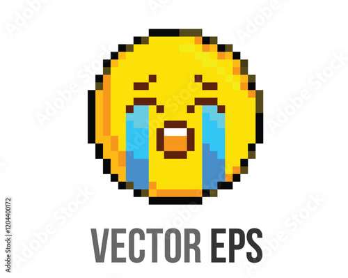 8 bits pixel art yellow crying face icon with heavy tears flowing