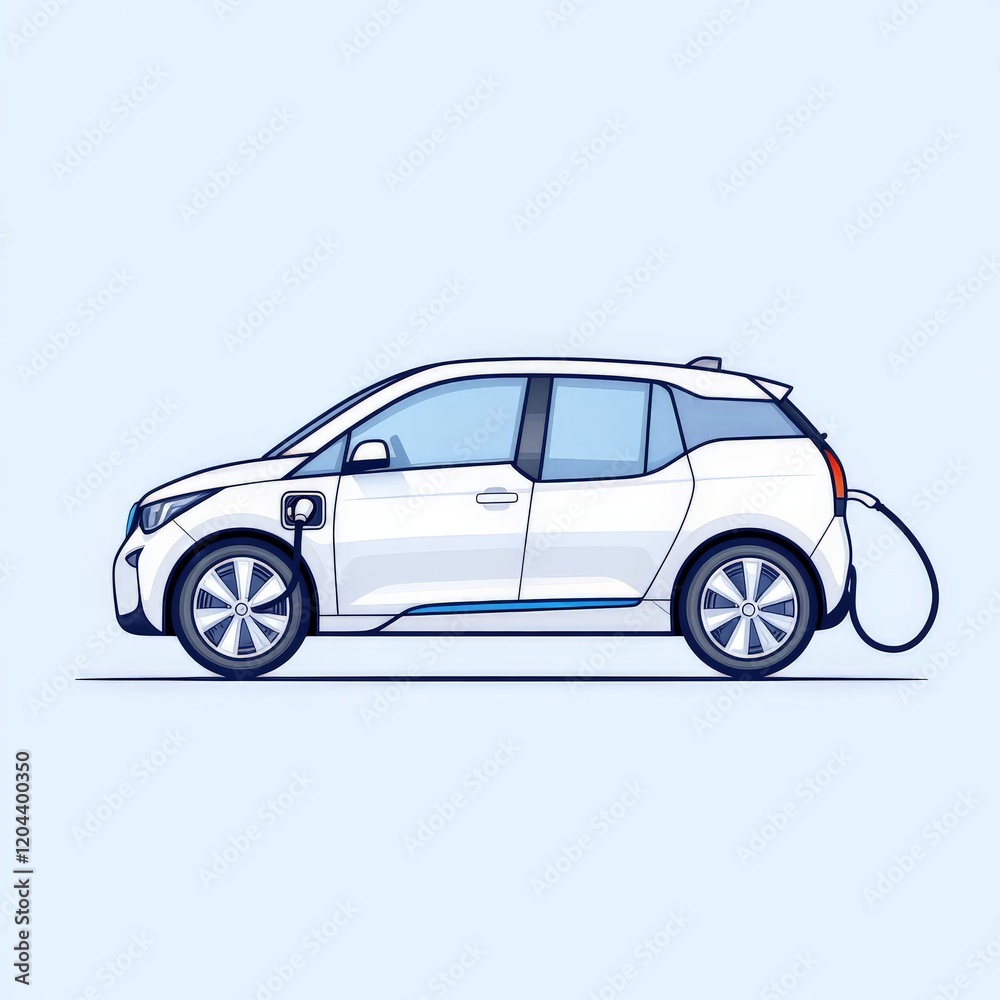 Fototapeta premium Clean vector graphic of a modern electric compact car in white color connected to a charging station, showcasing sustainable transportation, smart mobility, and renewable energy advancements