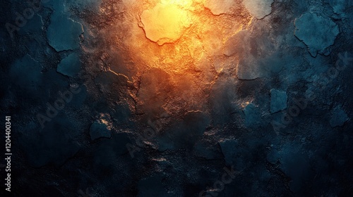 Abstract textured background with glowing orange light illuminating cracked blue and dark surfaces