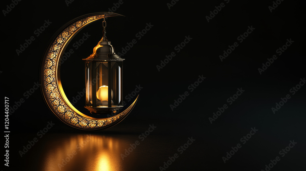 Luxurious Islamic decoration background with a glowing lantern and crescent moon, ideal for celebrating Ramadan Kareem Luxurious Islamic decoration background with a glowing lantern and crescent moon, ideal for celebrating Ramadan Kareem