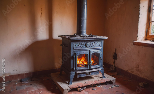 A black stove with a black pipe on top of it. The stove is lit and the room is dimly lit