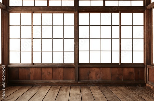 a spacious room with a large white wall, wooden floor, and wooden window frames on both sides