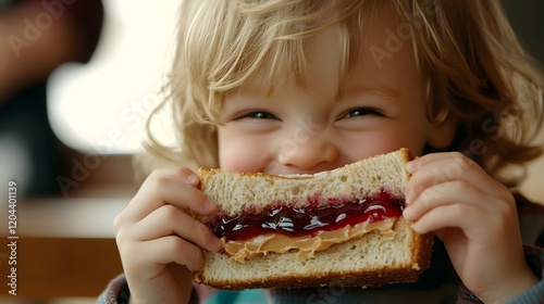 A child  eating a peanut butter and jelly sandwich