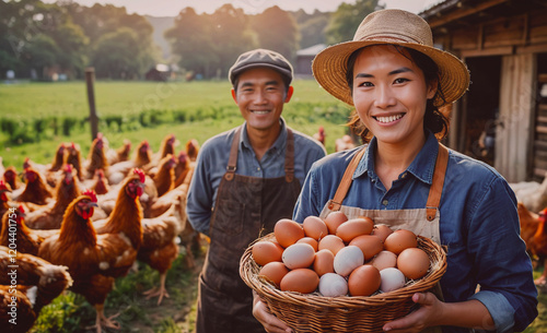 A woman and a man are standing in a field with a basket full of eggs. The woman is smiling and the man is also smiling. The scene gives off a happy and positive vibe, as the couple is enjoying their
