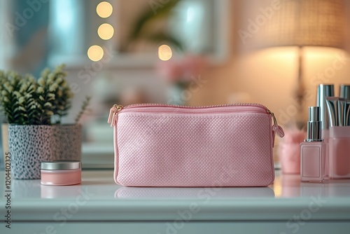 Modern cosmetic bag and cosmetics on dressing table photo