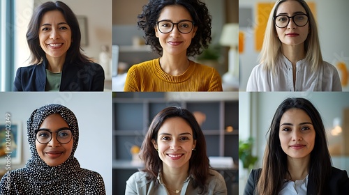 A diverse group of women from different ethnic backgrounds collaborating during a teleconference call in the COVID-19 era.