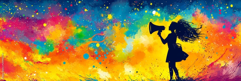 Naklejka premium Silhouette of a dancer leaping gracefully in a vibrant cosmic explosion of colors, representing creativity, artistic expression, and boundless imagination in a captivating digital artwork