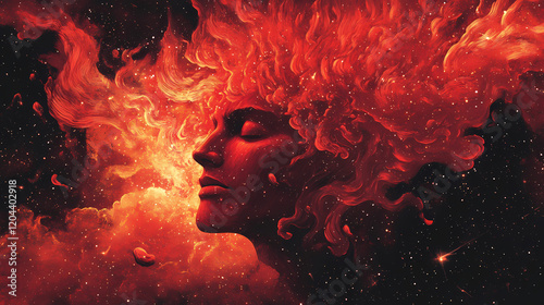 A red galaxy with many stars and a red cloud. Abstract Galaxy. Illustration