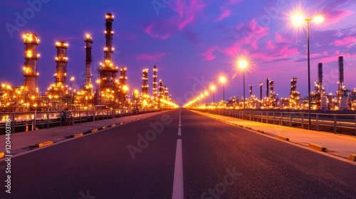 Illuminated refinery road at twilight, industrial complex background, energy production, stock photo