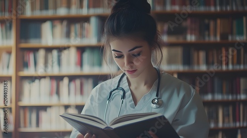 medical student studying in the library concept woman read books