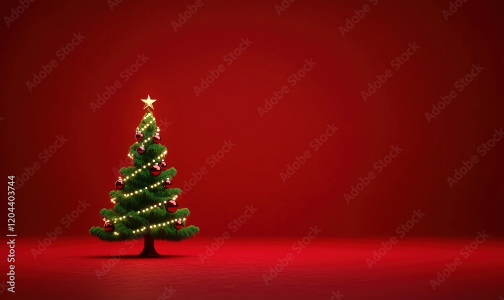 Christmas tree adorned with ornaments and lights against red background, festive holiday spirit, celebration decoration Christmas tree adorned with ornaments and lights against red background, festive holiday spirit, celebration decoration