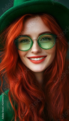 Modern trendy Saint Patrick's day woman.Smile Red Hair woman photo