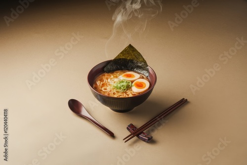 Steaming Bowl of Ramen Noodles with Soft Boiled Eggs and Seaweed photo