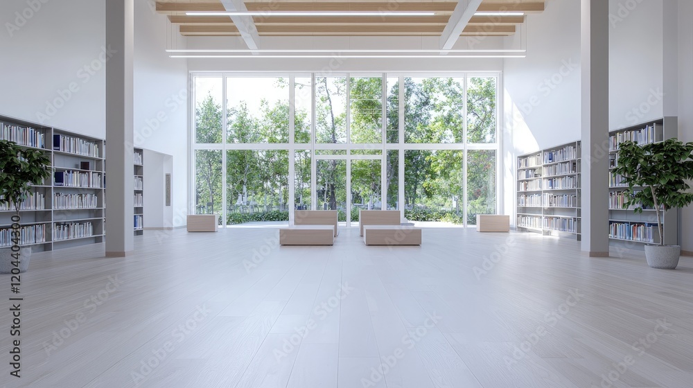 Fototapeta premium Modern library interior with large windows, bookshelves, and seating.