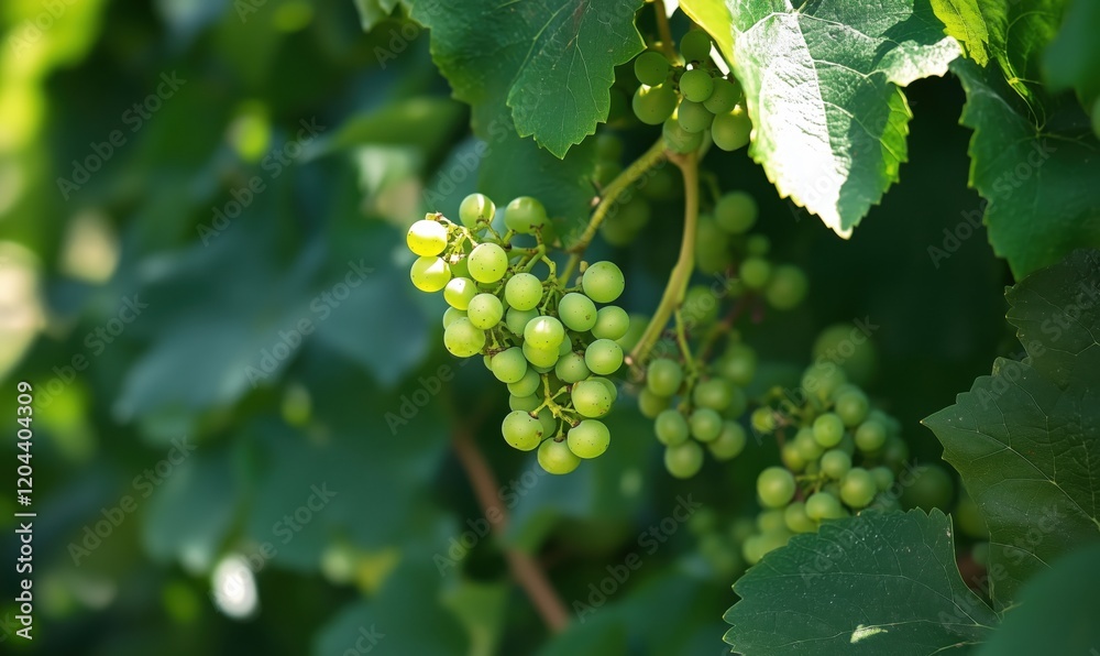 Green Grapes Growing on Vine Surrounded by Lush Green Leaves in Vineyard Green Grapes Growing on Vine Surrounded by Lush Green Leaves in Vineyard