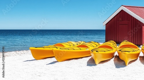 Mustard-colored kayaks lined up by a burgundy boathouse on a sunny sandy shore near calm waters photo