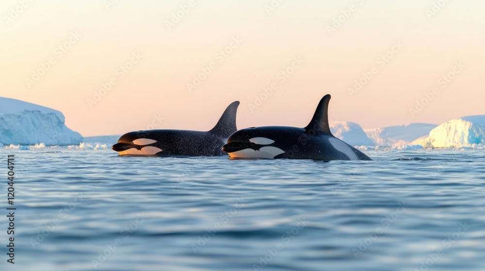 Fototapeta premium Orcas at sunset near Antarctic icebergs; wildlife documentary footage