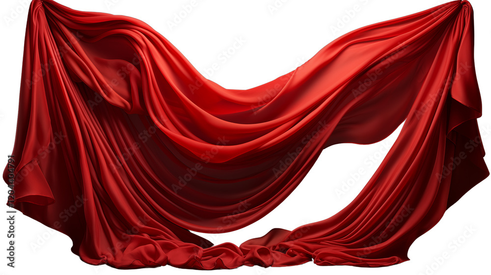 Bright red fabric fluttering gracefully in the wind, ideal for abstract designs, studio view, isolated on transparent background. Bright red fabric fluttering gracefully in the wind, ideal for abstract designs, studio view, isolated on transparent background.
