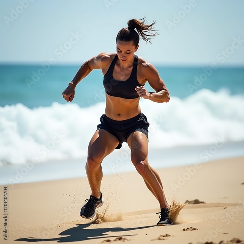 Active outdoor exercise, high-intensity interval training, beach workout photo