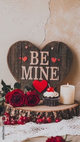 Rustic heart with Be Mine text roses candle and cupcake for her photo