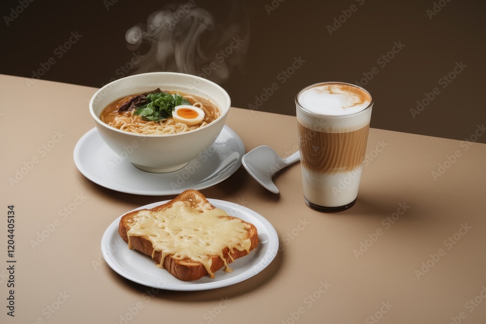 Aromatic Ramen, Creamy Latte, and Melted Cheese Toast: A Delightful Culinary Composition Aromatic Ramen, Creamy Latte, and Melted Cheese Toast: A Delightful Culinary Composition