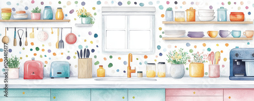 colorful kitchen scene featuring shelves with dishes, utensils, and decorative plants. vibrant polka dot wall adds cheerful touch to modern design