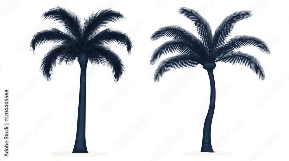 Two symmetrical black palm trees against a stark white backdrop, representing bold contrast, minimalism, and abstract nature design Two symmetrical black palm trees against a stark white backdrop, representing bold contrast, minimalism, and abstract nature design
