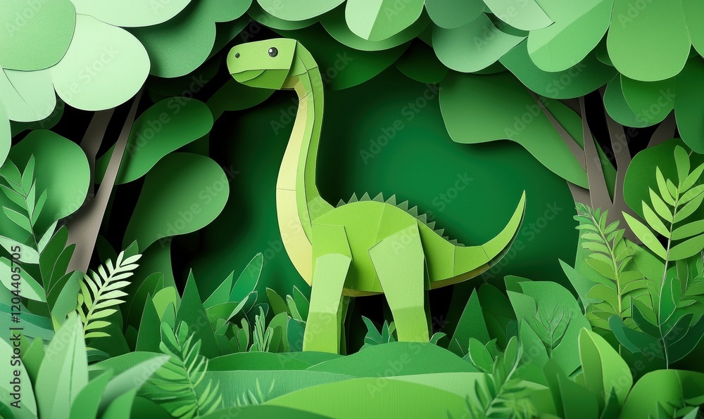 Naklejka premium Paper dinosaur in lush green forest, vibrant foliage, playful design, whimsical art, crafted from paper, showcasing creativity and imagination