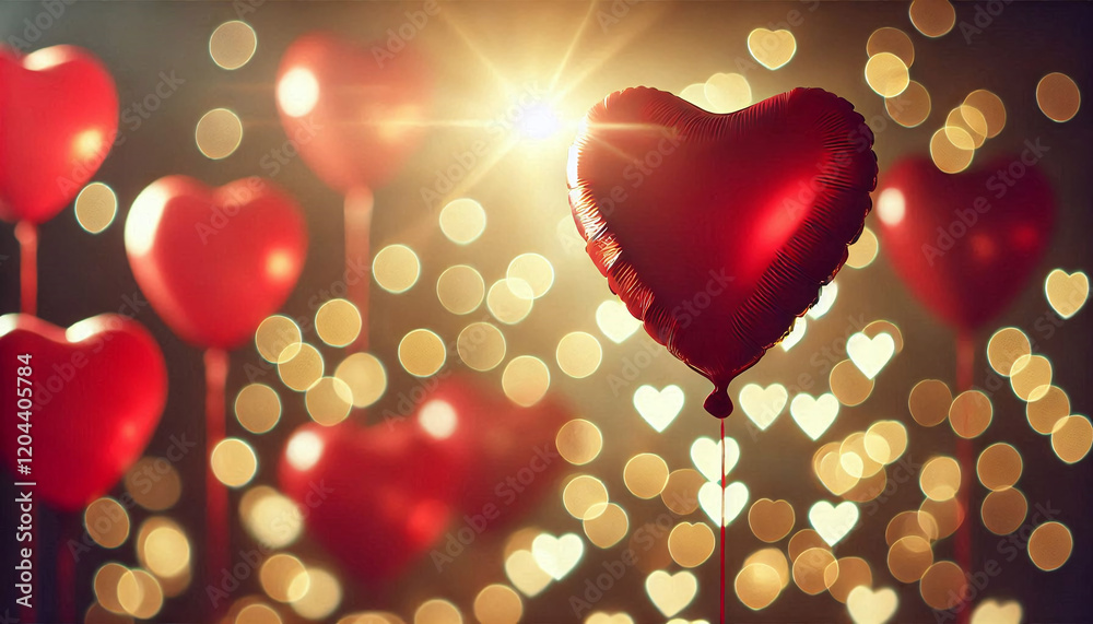 Red heart shaped balloons floating against a blurred background with bokeh lights. Generative AI. Red heart shaped balloons floating against a blurred background with bokeh lights. Generative AI.