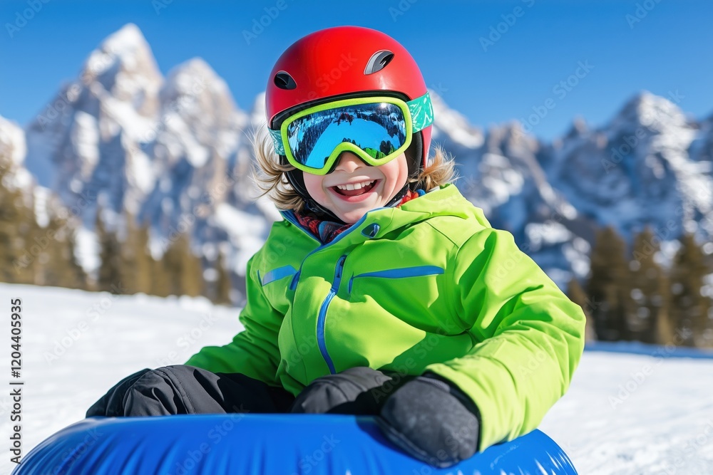 Young boy enjoys thrilling sledding adventure on a sunny winter day in vibrant ski gear against stunning mountain backdrop Young boy enjoys thrilling sledding adventure on a sunny winter day in vibrant ski gear against stunning mountain backdrop