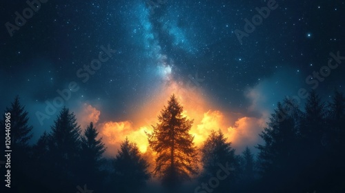 Majestic silhouette of a tree against a vibrant sunset and starry night sky in a serene forest