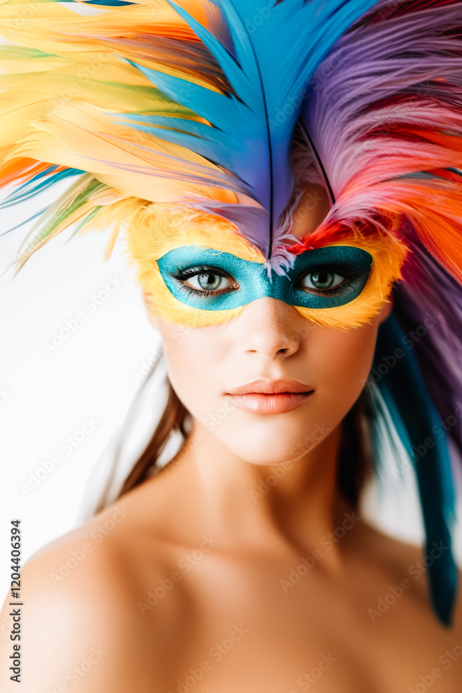 Fototapeta premium Beautiful woman wearing colorful feather mask and makeup posing for carnival celebration