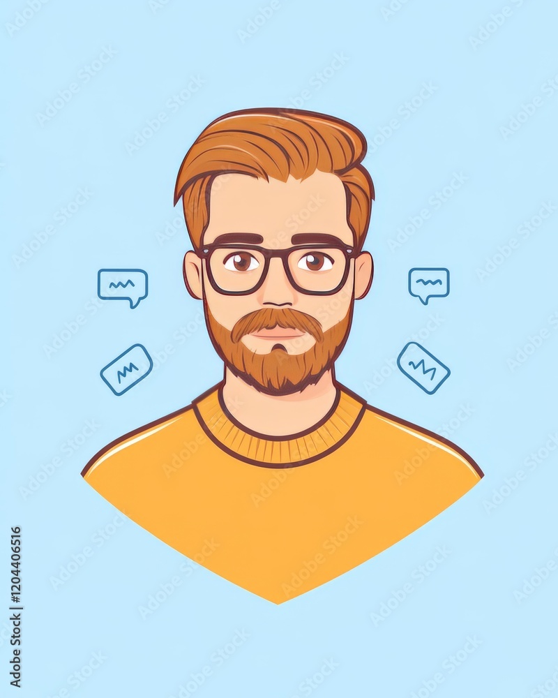 Bearded man with glasses surrounded by speech bubbles, symbolizing communication, intellect, and digital interaction in a modern, clean, and minimalist style Bearded man with glasses surrounded by speech bubbles, symbolizing communication, intellect, and digital interaction in a modern, clean, and minimalist style