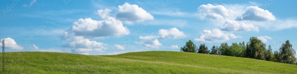 A large field of grass with a few trees in the background. The sky is blue with a few clouds A large field of grass with a few trees in the background. The sky is blue with a few clouds