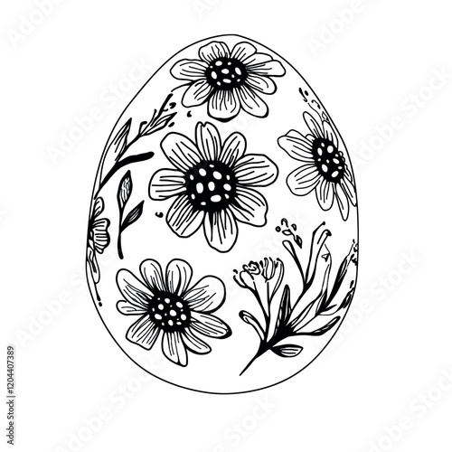 Vector freehand linear Easter egg with an intricate floral pattern in line art style scribble isolated on white background. Texture of writing materials. Handwritten paschal doodles and pencil strokes