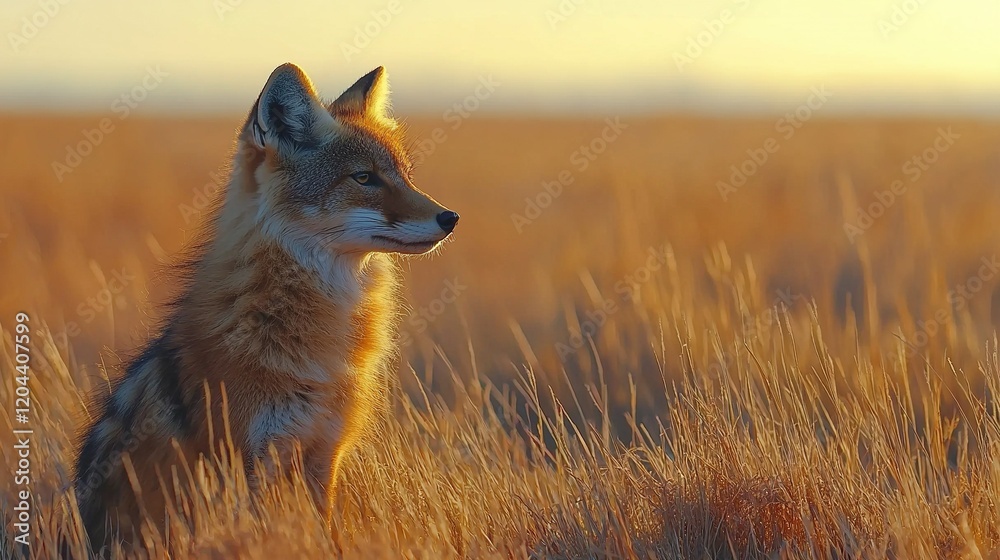 Fototapeta premium Wild fox sits in golden field at sunset.