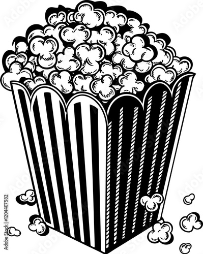 black and white engrave illustration of the popcorn in bucket in the cinema