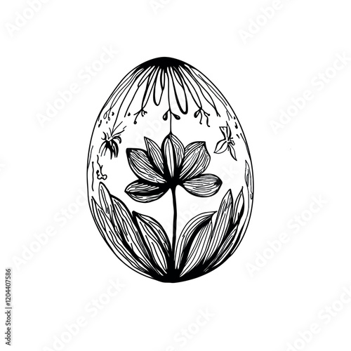 Vector freehand linear Easter egg with an intricate floral pattern in line art style scribble isolated on white background. Texture of writing materials. Handwritten paschal doodles and pencil strokes