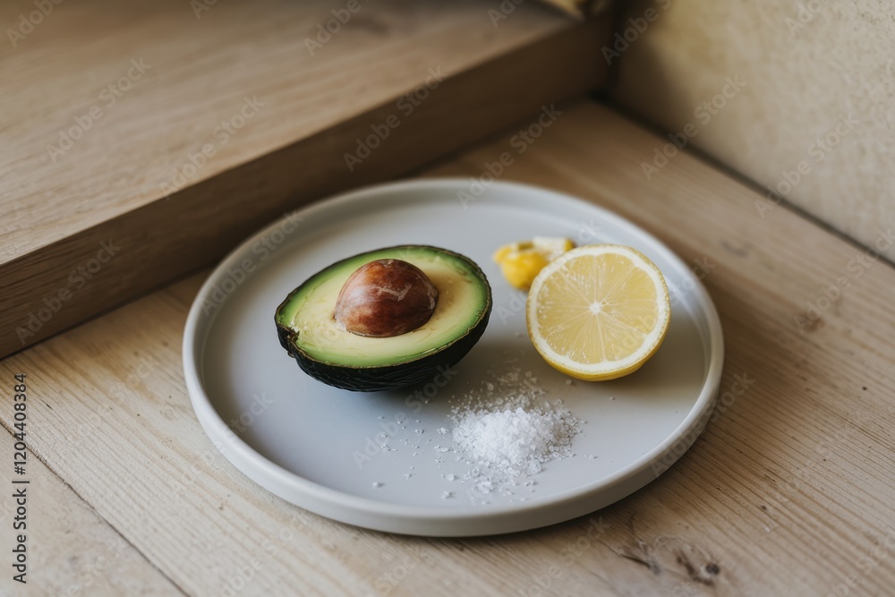 Avocado, Lemon, and Salt on a Plate: A Simple, Fresh Ingredient Still Life Avocado, Lemon, and Salt on a Plate: A Simple, Fresh Ingredient Still Life