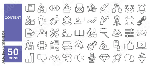 Set of 50 line icons related to content, writer, digital, story, marketing, telling, media, author, page, blog, summary, article, Editable stroke. Vector illustration