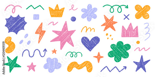 Abstract geometric shapes and forms, chalk pencil doodle set. Crayon modern figures, brush crown, stars, arrow in sketch style. Hand drawn vector illustration isolated on white background
