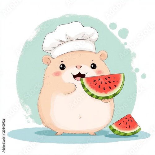 Cute hamster wearing a chef hat happily eating a slice of watermelon with playful enthusiasm and enjoyment photo