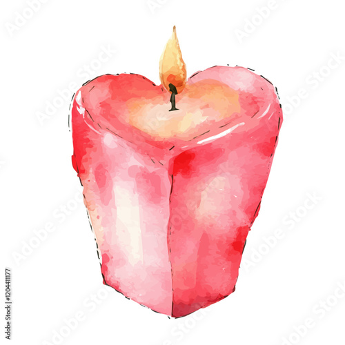 Watercolor Valentine red candle isolated on a white background, valentine red candle with red heart painting in watercolor style