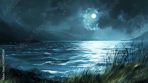 A mystical, starlit lake with water that shimmers like liquid stormlit. illustration. Mystic Lake. Illustration photo