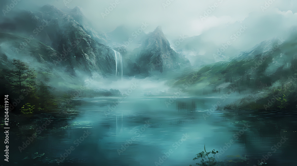 Captivating scene mystical fog enveloping serene mountain lake surrounded lush greenery majestic peaks, mist, landscape, scenery, reflection, water. Mystic Lake. Illustration Captivating scene mystical fog enveloping serene mountain lake surrounded lush greenery majestic peaks, mist, landscape, scenery, reflection, water. Mystic Lake. Illustration